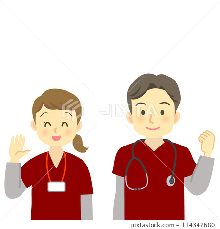 身穿紅色工作服的男女醫護人員（上身朝前） 探訪護士、護士、醫生、護工 114347680