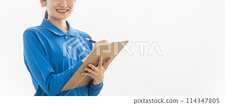 A woman in the delivery industry checking and filling out checklists, delivery slips, slips, and documents A woman in the delivery industry checking and filling out checklists, delivery slips, slips, and documents 114347805