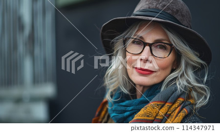 Elegant Senior Woman with Hat and Glasses Outdoor Portrait 114347971