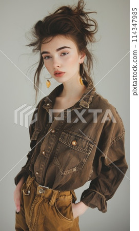 Stylish Young Woman with Unique Hairdo in Elegant Brown Outfit 114347985
