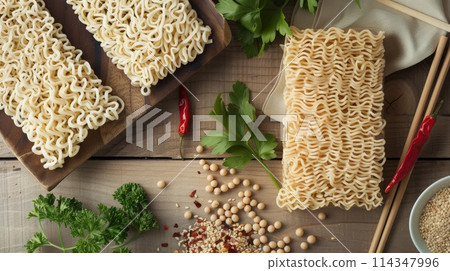 Raw Soy noodles with ingredients for cooking on wooden table. Traditional asian food 114347996
