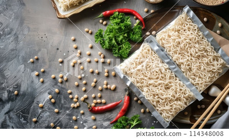 Composition with tasty soy noodles and vegetables on table. Traditional asian food 114348008