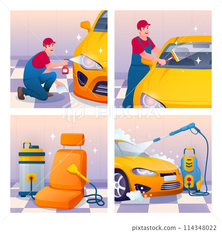 Car wash flat cartoon composition set 114348022