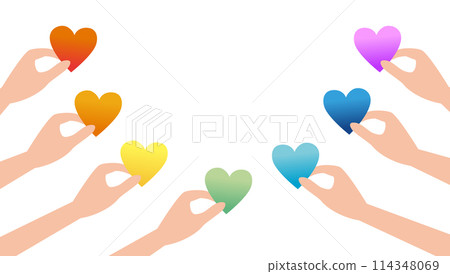 Seven hands holding hearts of seven colors 114348069