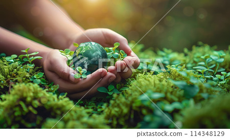 Hands Holding green Globe In Green Forest - Environment Concept 114348129