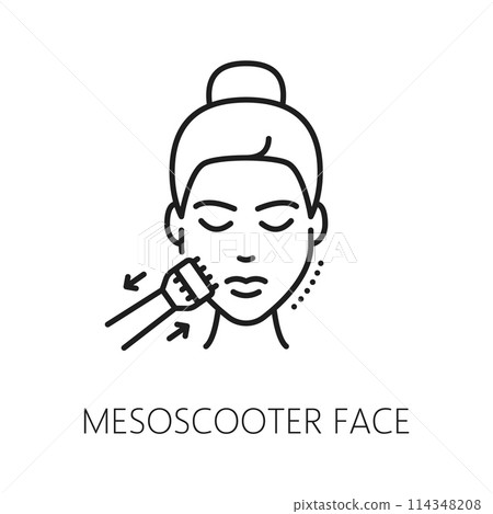Face care cosmetology and mesotherapy, skin health, skincare mesoscooter linear icon. Face skin health, skincare cosmetics and facial treatment line vector pictogram with woman using mesoscooter 114348208