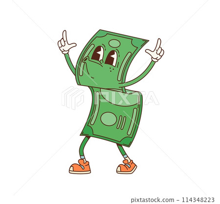 Groovy dollar banknote, cartoon retro character with face, vector 70s comic. Groovy funny dollar banknote or funky currency cartoon character happy whistling for casino jackpot or money sticker 114348223