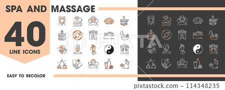 SPA and massage line icons of beauty salon and skincare treatment, vector pictograms. SPA salon procedure icons of foot massage, sauna and acupuncture therapy with aroma oils and relax or tanning SPA and massage line icons of beauty salon and skincare treatment, vector pictograms. SPA salon procedure icons of foot massage, sauna and acupuncture therapy with aroma oils and relax or tanning 114348235