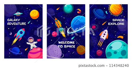 Galaxy space posters with kid astronaut, rocket spaceship and planets, cartoon vector. Kid spaceman with flag on galaxy planet with alien UFO, asteroids and rockets in starry galactic sky background Galaxy space posters with kid astronaut, rocket spaceship and planets, cartoon vector. Kid spaceman with flag on galaxy planet with alien UFO, asteroids and rockets in starry galactic sky background 114348240