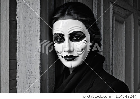 woman hides her sadness under a mask woman hides her sadness under a mask 114348244