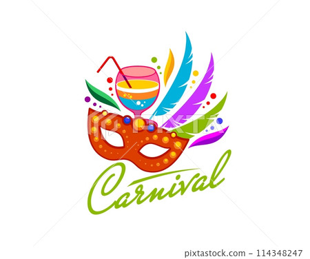 Carnival party icon or entertainment event symbol with cocktail and feathers, vector emblem. Masquerade carnival or holiday festival sign with Venetian mask and rainbow feathers with drink glass 114348247
