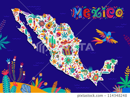Mexico map with Mexican national symbols, landmarks and cuisine food, vector background. Mexico map with sombrero and guitar, cactus and maracas, Aztec or Maya pyramid and poncho in ethnic ornament Mexico map with Mexican national symbols, landmarks and cuisine food, vector background. Mexico map with sombrero and guitar, cactus and maracas, Aztec or Maya pyramid and poncho in ethnic ornament 114348248