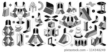 Psychedelic trippy y2k elements and surreal vector icons of stairs and podium staircase. Psychedelic art portal, planet and arch column with abstract shapes, retro surreal illusion trippy y2k ladders 114348249