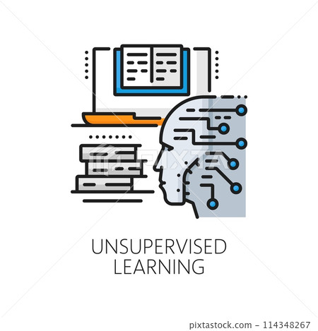 Unsupervised machine learning, artificial intelligence analysis, AI algorithm line color icon. Machine learning computer technology, AI system linear vector icon with android face and computer data 114348267