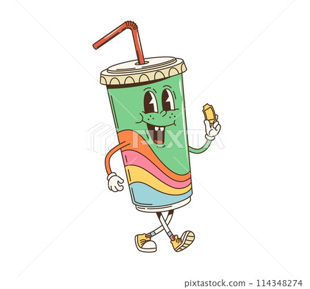 Cartoon groovy soda drink character in retro hippie art, vector funky face. Groovy funny soda drink cup with drinking straw and cinema movie ticket, happy smile or retro cartoon character with rainbow 114348274