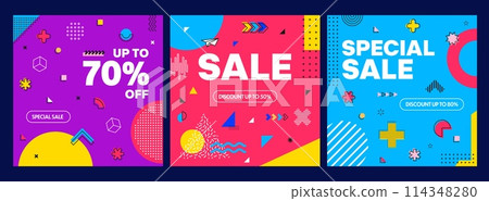 Modern abstract geometric Memphis shapes for sale banners and discount promo, vector backgrounds. Shop sale and store discount promotion offer banners with Memphis color shapes and geometric elements Modern abstract geometric Memphis shapes for sale banners and discount promo, vector backgrounds. Shop sale and store discount promotion offer banners with Memphis color shapes and geometric elements 114348280