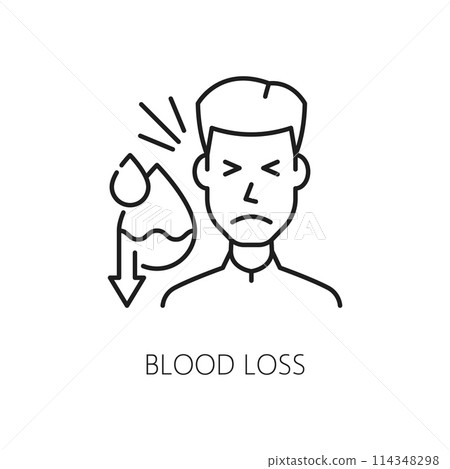 Blood loss, anemia symptom, physical disease line icon, vector hematology, medicine science. Man with drops and downward arrows outline sign of bleeding, red blood cells production decrease, anemia 114348298