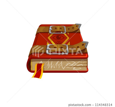 Game book, with red cover, All-seeing eye arcane symbol and leather belts. Isolated cartoon vector mystical tome hinting at the enchanting adventure within. Alchemy, wicca, witchcraft or wizardry book Game book, with red cover, All-seeing eye arcane symbol and leather belts. Isolated cartoon vector mystical tome hinting at the enchanting adventure within. Alchemy, wicca, witchcraft or wizardry book 114348314