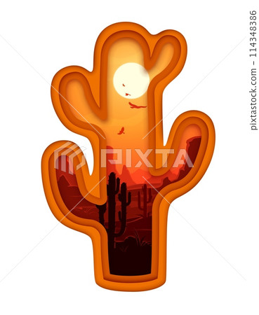 Cacti silhouette with Mexican desert landscape in paper cut mountain valley, vector. Cactus on mountain rocks and eagles flying in sky with sunset over Mexico, Texas or Arizona desert canyon Cacti silhouette with Mexican desert landscape in paper cut mountain valley, vector. Cactus on mountain rocks and eagles flying in sky with sunset over Mexico, Texas or Arizona desert canyon 114348386