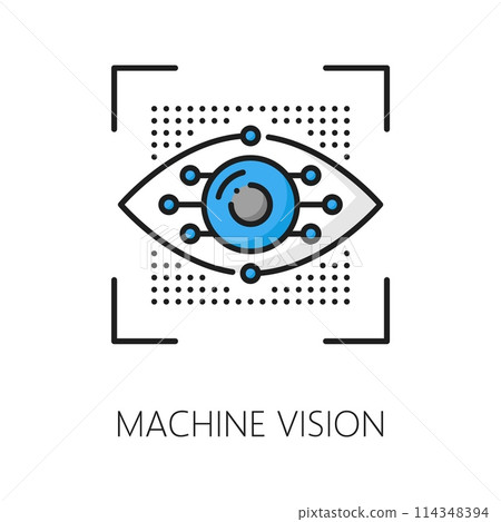 Machine learning and vision, AI algorithm, artificial intelligence outline color icon. Artificial intelligence computer science, machine learning future technology linear vector sign with eyeball 114348394
