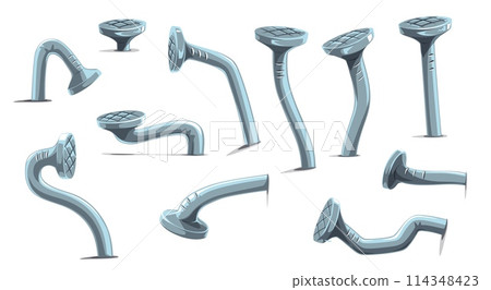 Metal bent wall nails and hobnails or hammer pins with iron heads, cartoon vector. Bent crooked nails and curved broken steel hobnails or carpentry pins with wound hammered damaged hobs and spikes Metal bent wall nails and hobnails or hammer pins with iron heads, cartoon vector. Bent crooked nails and curved broken steel hobnails or carpentry pins with wound hammered damaged hobs and spikes 114348423