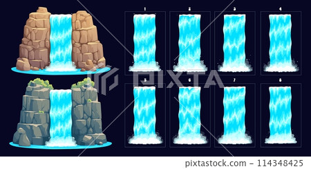 Waterfall sprite sheet animation of water cascade or river stream, vector game UI elements. Cartoon waterfall or water cascade, river falling from mountain rocks with splash for arcade game interface Waterfall sprite sheet animation of water cascade or river stream, vector game UI elements. Cartoon waterfall or water cascade, river falling from mountain rocks with splash for arcade game interface 114348425