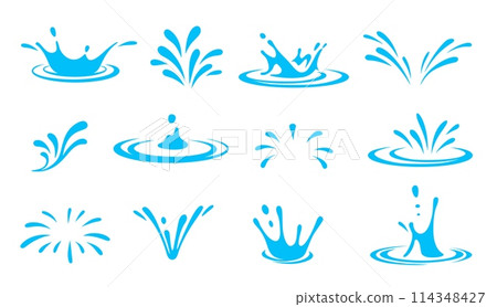 Cartoon water splash effects depict fluid dynamic splashing, droplets and ripples in motion. Isolated vector set of liquid splatters, aqua or water splashes and swirls for animation and visual effects 114348427