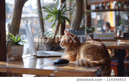 Cozy Home Office with Feline Companion 114348433