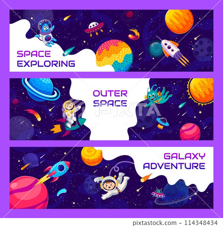 Space explore banners with alien and kid astronaut cartoon character in outer space, galaxy planets and stars. Cosmos travel, universe research or outerspace adventure vector horizontal banners 114348434