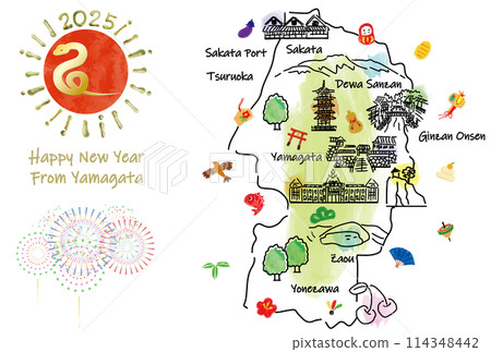 2025年山形縣賀年片旅遊景點插畫圖 114348442