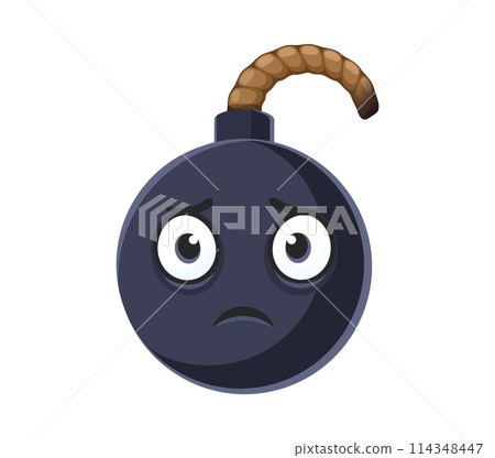 Cartoon bomb character, sad explosive weapon personage with extinguished wick or fuse express feeling of disappointment and failure. Isolated vector unhappy spherical metal bomb character sorry emoji 114348447