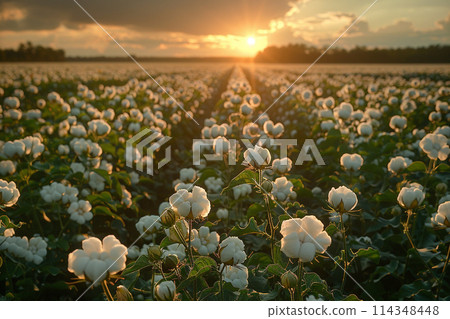Sunset Over Cotton Field 114348448