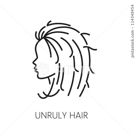 Unruly hair care and treatment thin line icon. Haircare cosmetology linear symbol, bathroom or beauty salon cosmetics or treatment product outline vector icon or pictogram with woman unruly hair 114348454