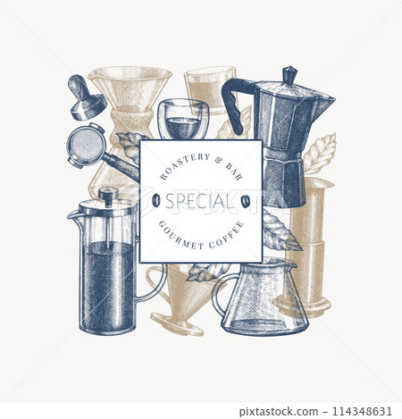 Alternative Coffee Makers Illustration. Vector Hand Drawn Specialty Coffee Equipment Banner. Vintage Style Coffee Bar Design Alternative Coffee Makers Illustration. Vector Hand Drawn Specialty Coffee Equipment Banner. Vintage Style Coffee Bar Design 114348631