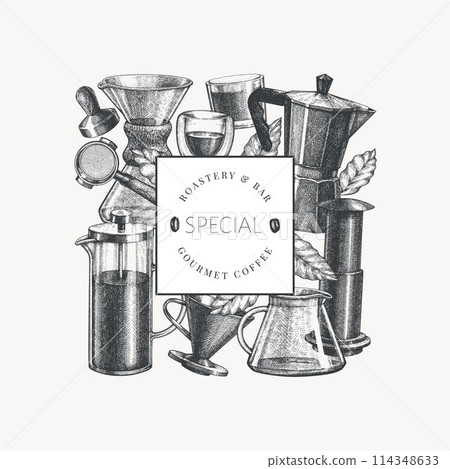 Alternative Coffee Makers Illustration. Vector Hand Drawn Specialty Coffee Equipment Banner. Vintage Style Coffee Bar Design 114348633