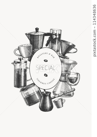 Alternative Coffee Makers Illustration. Vector Hand Drawn Specialty Coffee Equipment Banner. Vintage Style Coffee Bar Design 114348636