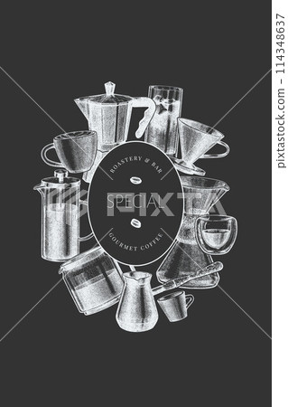 Alternative Coffee Makers Chalk Board Illustration. Vector Hand Drawn Specialty Coffee Equipment Banner. Vintage Style Coffee Bar Design 114348637