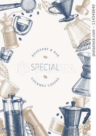 Alternative Coffee Makers Illustration. Vector Hand Drawn Specialty Coffee Equipment Banner. Vintage Style Coffee Bar Design 114348640
