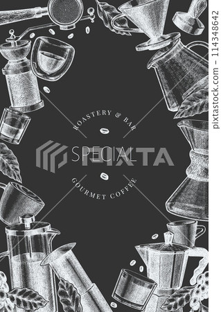 Alternative Coffee Makers Chalk Board Illustration. Vector Hand Drawn Specialty Coffee Equipment Banner. Vintage Style Coffee Bar Design 114348642