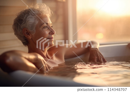 Attractive middle age woman relaxing in bath 114348707