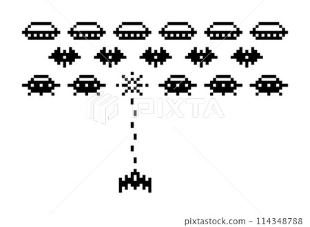 Space Arcade. Pixel art 8-bit retro video game with alien ufo spaceships and rocket. Intergalactic battle with invaders. Vector scene 80s computer style 114348788