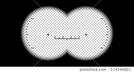 Binoculars viewfinder. Binocular POV frame with aim sight and measuring scale, watcher view look through the binoculars lenses. Realistic 3d vector template Binoculars viewfinder. Binocular POV frame with aim sight and measuring scale, watcher view look through the binoculars lenses. Realistic 3d vector template 114348801