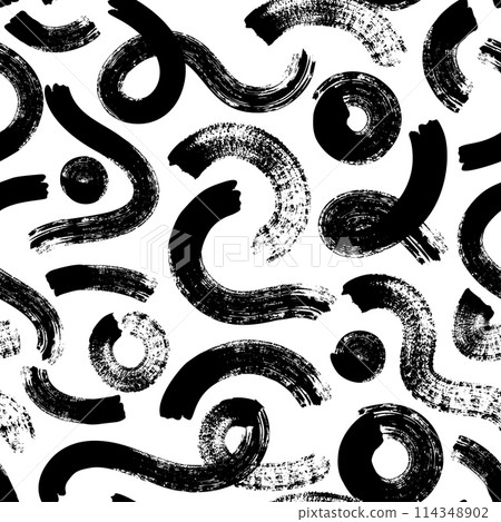 Brush strokes seamless pattern. Grunge paint shapes. Hand drawn black ink wavy and curly lines. Abstract texture waves. Monochrome chalkboard curves squiggles, vector background Brush strokes seamless pattern. Grunge paint shapes. Hand drawn black ink wavy and curly lines. Abstract texture waves. Monochrome chalkboard curves squiggles, vector background 114348902