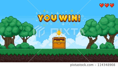 Pixel game art win background. Retro 8 bit video games screen, computer game victory with coins, grass and trees. Pixel level up arcade interface for winner. Vector concept Pixel game art win background. Retro 8 bit video games screen, computer game victory with coins, grass and trees. Pixel level up arcade interface for winner. Vector concept 114348908