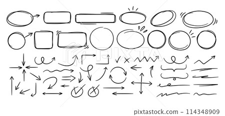 Sketch line frames, pointers. Doodle arrow, circle, oval and square shape frame, check mark elements. Freehand black marker, pen underline and navigation symbols. Vector set Sketch line frames, pointers. Doodle arrow, circle, oval and square shape frame, check mark elements. Freehand black marker, pen underline and navigation symbols. Vector set 114348909