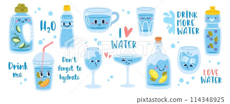 Cute cartoon water bottle. Drink more water. Funny drinking bottles mascot character. Comic cup, glass, plastic flask. Lettering and quotes about water balance. Vector set 114348925