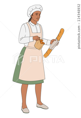 female African American character baker in uniform holding paper bag with fresh croissants and baguette bread  114348932