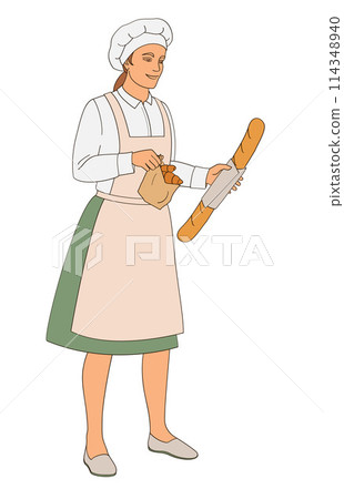 female character baker in uniform holding paper bag with fresh croissants and baguette bread female character baker in uniform holding paper bag with fresh croissants and baguette bread 114348940