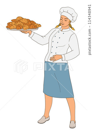 female character baker in uniform holding a plate with fresh croissants female character baker in uniform holding a plate with fresh croissants 114348941