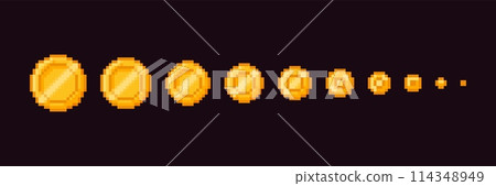 Pixel art coins. Flat gold coin animation from big to small for 8 bit video game. Cartoon gaming animated pixeled yellow money icon for arcade game. Vector concept 114348949